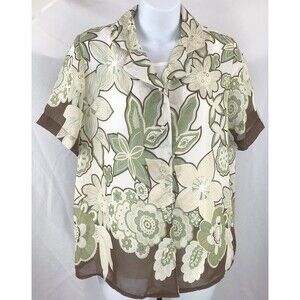 Nwt MG Twinset top M white green floral chiffon button up collar Tropical Career